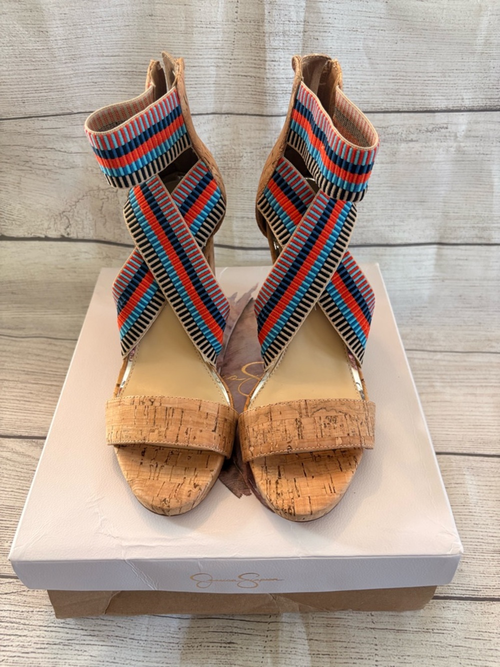 Jessica Simpson Cork Wedge Sandals with Striped Elastic Crisscross